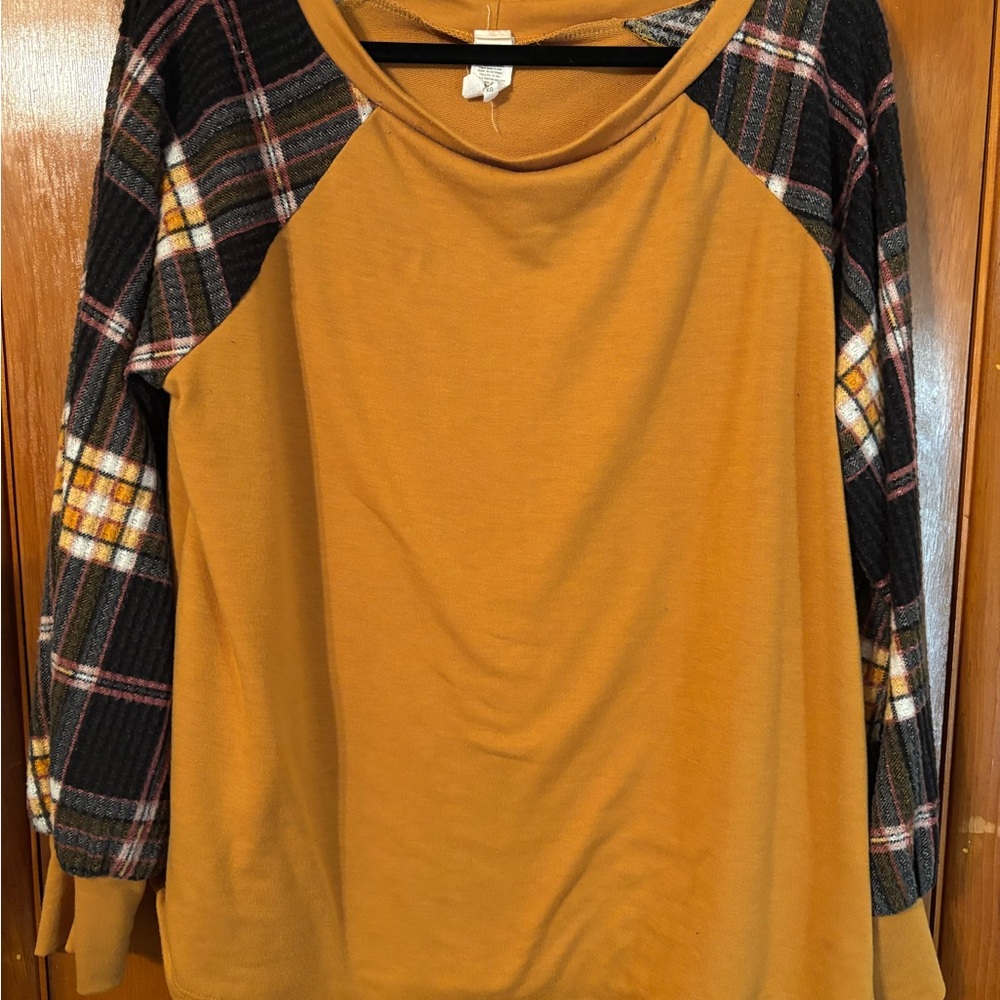 7th Ray Mustard Top with Plaid Sleeves